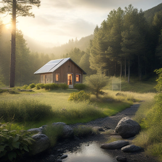 A serene landscape with a small, sustainable cabin in the background, surrounded by lush greenery, with a subtle steam vent rising from the ground, and a few solar panels discreetly integrated into the scenery.
