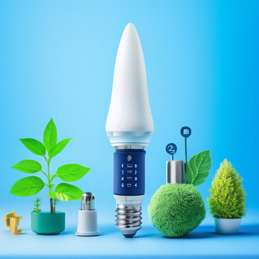 An image of a hand holding an energy-saving plug, surrounded by icons of various appliances (e.g., TV, lamp, computer) with green leaves or vines wrapping around them, on a light blue background.