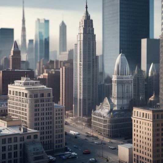 An illustration of a cityscape with buildings featuring cool roofs in shades of white, silver, and light gray, contrasted with dark-roofed buildings, showcasing a dramatic temperature difference.
