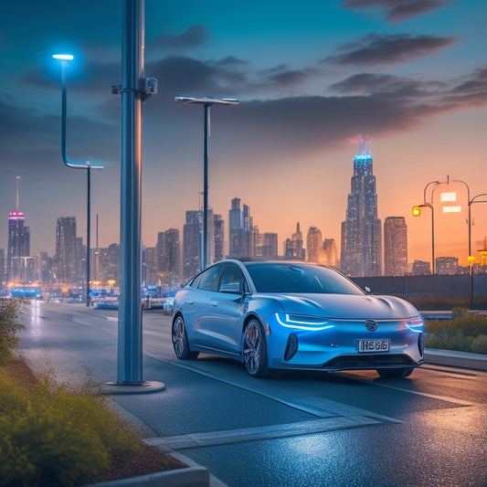 A futuristic, sleek, silver electric vehicle parked in front of a modern charging station with glowing blue LED lights, surrounded by a blurred cityscape at dusk.