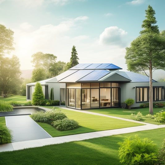 A serene, modern home with solar panels on the roof, surrounded by lush greenery, with a rainwater harvesting system and a wind turbine in the background, on a sunny day with fluffy white clouds.