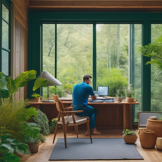 A serene home office with a person sitting at a wooden desk, surrounded by lush greenery, with a large window showcasing a natural landscape, and walls insulated with woven bamboo panels and recycled denim.