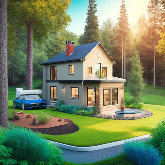 An illustration of a modern eco-friendly home with a geothermal system, showcasing a drilling machine in the backyard, pipes underground, and a heating/cooling unit inside, surrounded by lush greenery.