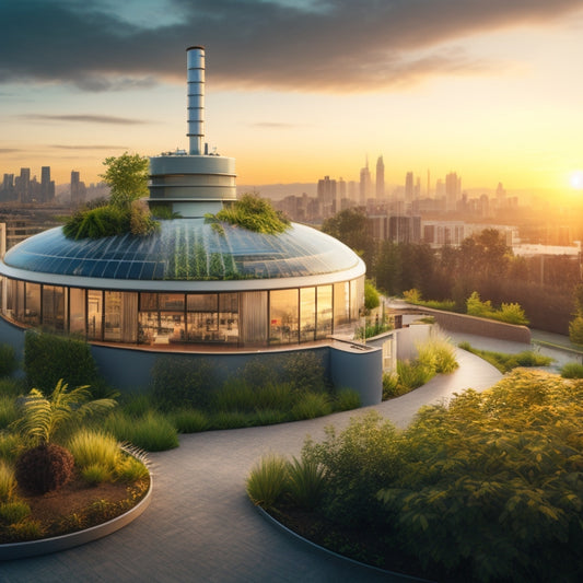 An illustration of a modern, eco-friendly building with a greywater system, showcasing a rooftop garden, pipes, and a tank, surrounded by lush greenery and a subtle background of a cityscape at sunset.