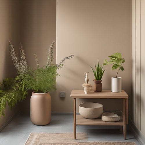 A serene, minimalist room with walls painted in soft, earthy tones, featuring a natural clay paint color palette, with a vase of fresh greenery on a wooden side table.