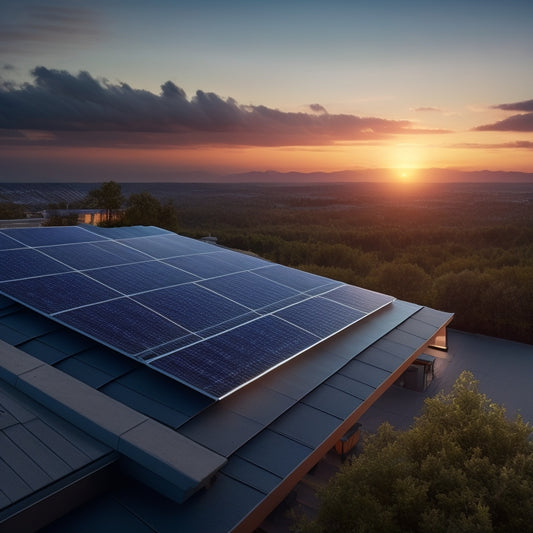 A photorealistic image depicting a sleek, modern rooftop with solar panels seamlessly integrated into the roofing material, surrounded by a subtle grid pattern, with a faint sunrise glow in the background.