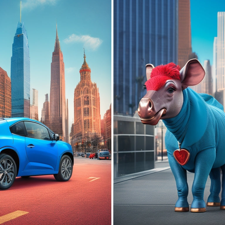 An illustration featuring a split-screen image: a blue electric vehicle with a donkey hood ornament on the left, and a red electric vehicle with an elephant hood ornament on the right, against a subtle gradient background of a cityscape.