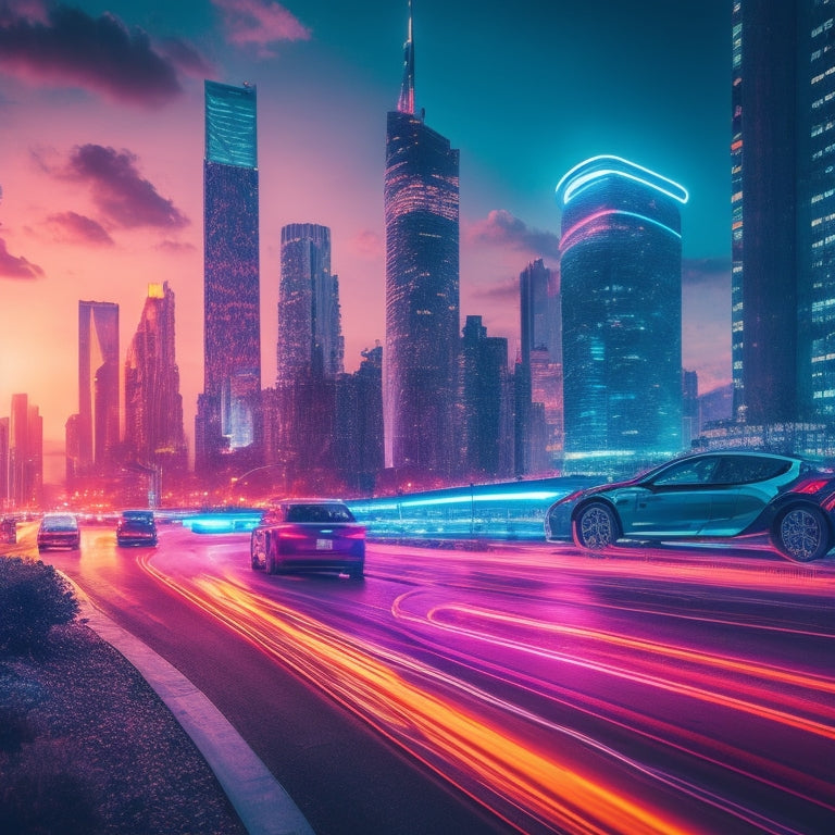 A futuristic cityscape at dusk with sleek, aerodynamic electric cars zooming by, their LED lights glowing in vibrant hues, surrounded by towering skyscrapers and neon-lit billboards.