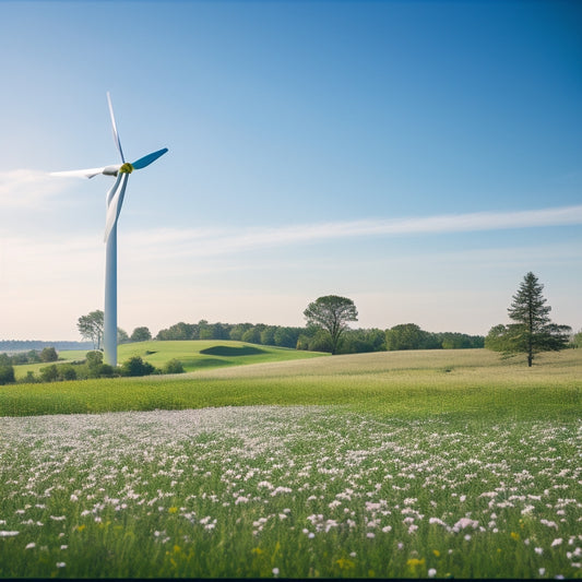 A serene landscape with a single modern wind turbine standing tall amidst lush greenery, surrounded by a few scattered wildflowers, under a clear blue sky with a few wispy clouds.