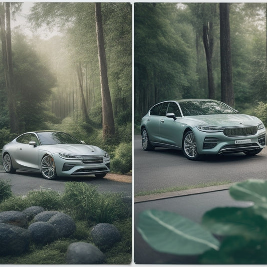 A serene green background with a sleek, silver car in the center, surrounded by lush greenery and a few strategically placed eco-friendly products, such as reusable microfiber towels and biodegradable cleaning solutions.