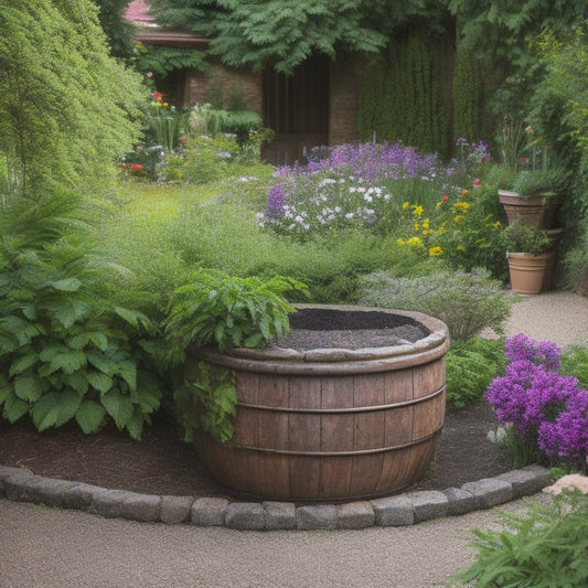 A serene garden scene with lush greenery, vibrant flowers, and a meandering stone path, featuring a large rainwater collection barrel with a subtle overflow into a thriving vegetable bed.