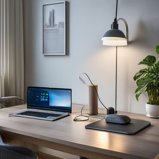 A clutter-free home office desk with a sleek, modern laptop, a minimalist lamp, and a few essential devices plugged into an energy-saving power strip with built-in USB ports and a compact design.