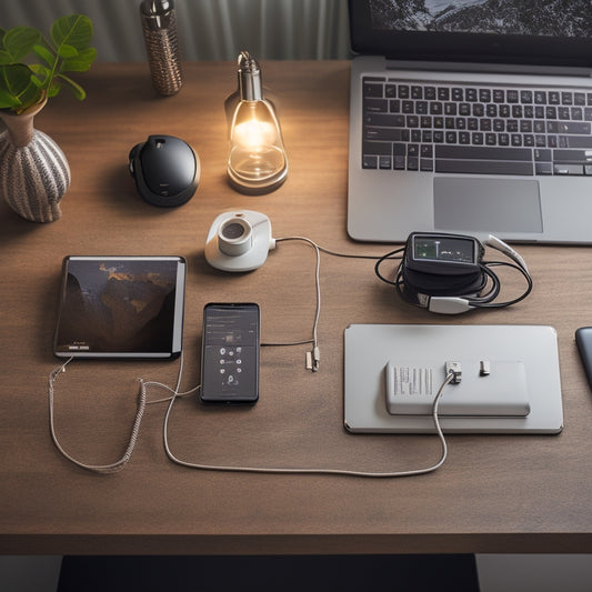 A clutter-free desk with multiple devices plugged into a sleek, modern power strip, surrounded by subtle energy-efficient icons, such as a small leaf or a faint lightbulb.