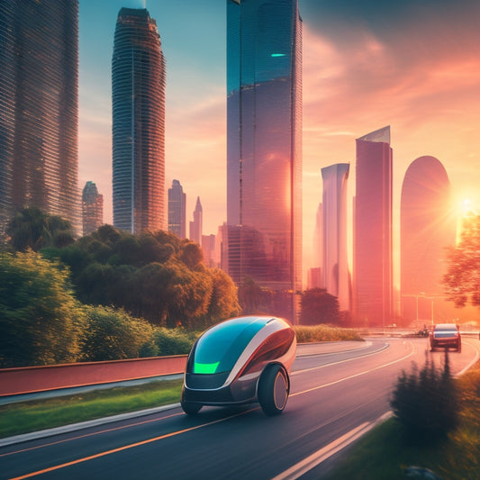 A futuristic cityscape with sleek, eco-friendly electric three-wheelers zipping past modern skyscrapers, amidst lush greenery, with a subtle sunset glow and subtle motion blur, conveying innovation and sustainability.