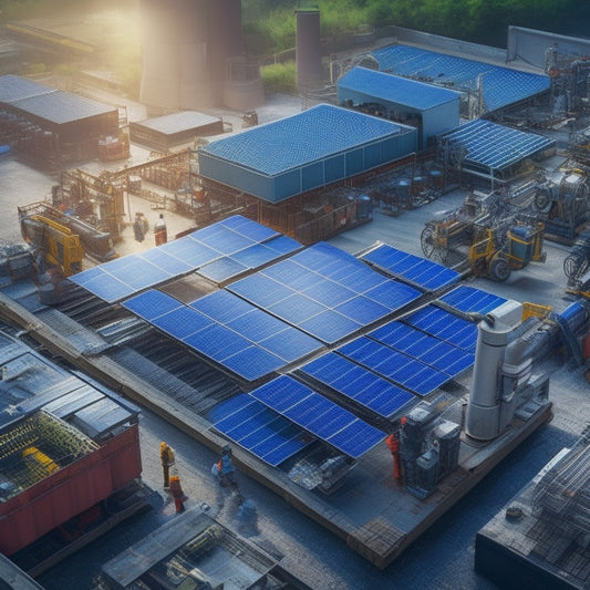 An illustration of a factory setting with machinery and workers in the background, surrounded by dismantled solar panels, with a conveyor belt in the center, sorting and processing panels into recyclable materials.