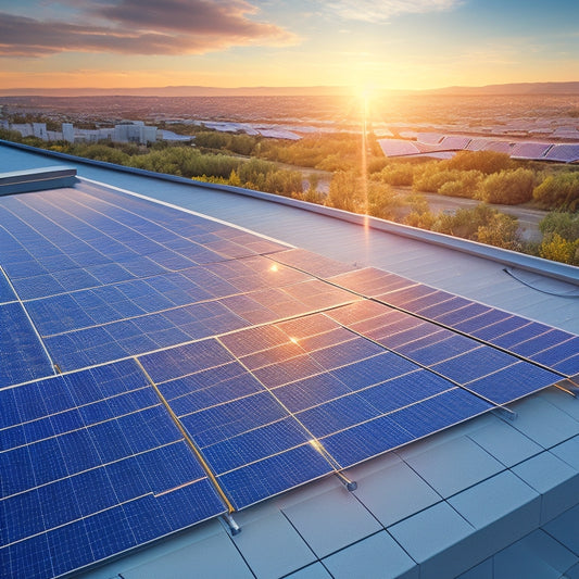 An illustration of a modern rooftop with multiple solar panels at different angles, surrounded by a subtle grid pattern, with sunbeams and shadows highlighting optimal positioning for energy harvesting.