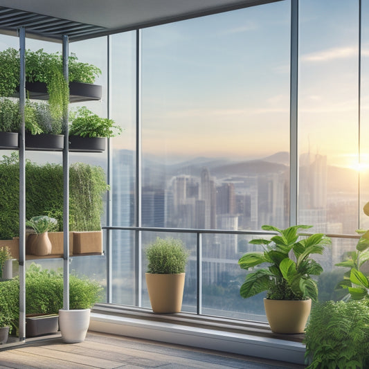 A bright, modern urban home with a large, sleek vertical farming system on the balcony, showcasing lush green leafy vegetables, with solar panels on the roof and a cityscape in the background.