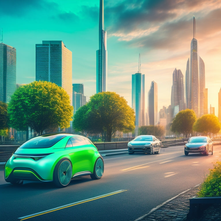 A futuristic cityscape with sleek, electric cars of various models and brands zooming past a blurred urban background, amidst a vibrant green glow, symbolizing eco-friendliness and innovation.