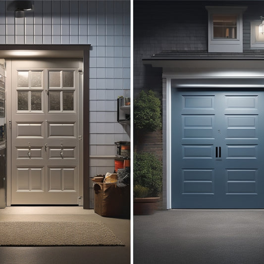 A split-screen image: a well-lit, organized garage with an insulated door, warm light spilling out, versus a dark, cluttered garage with a non-insulated door, cold air escaping.