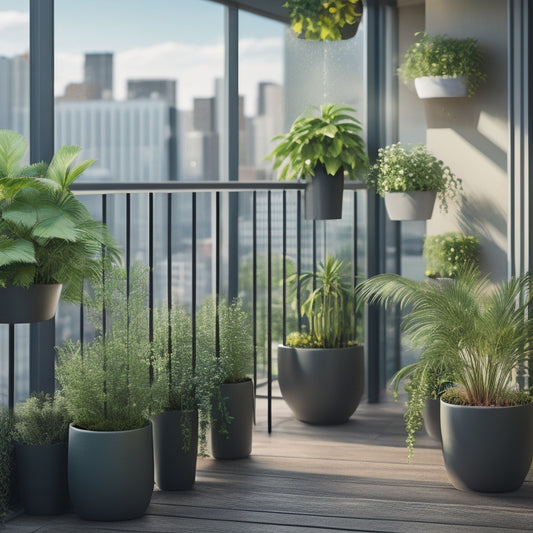 A modern urban balcony with a sleek, silver vertical planter system attached to the railing, lush greenery spilling over, surrounded by cityscape views and a few potted plants on the floor.