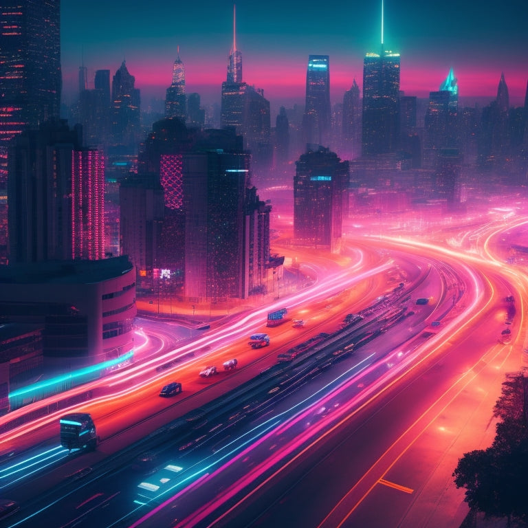 A stylized illustration of a cityscape at dusk, with sleek, electric vehicles and drones navigating through neon-lit streets, surrounded by minimalist skyscrapers and faint, glowing circuitry patterns.