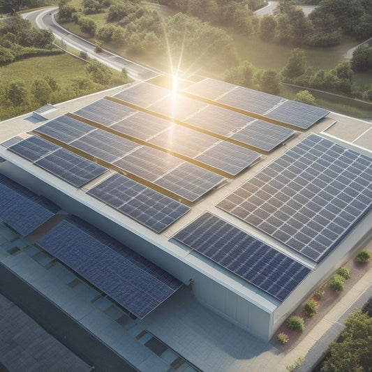 An aerial illustration of a modern, eco-friendly building with a cool roof featuring a mosaic of light-gray and white tiles, topped with sleek, black solar panels angled towards the sun.