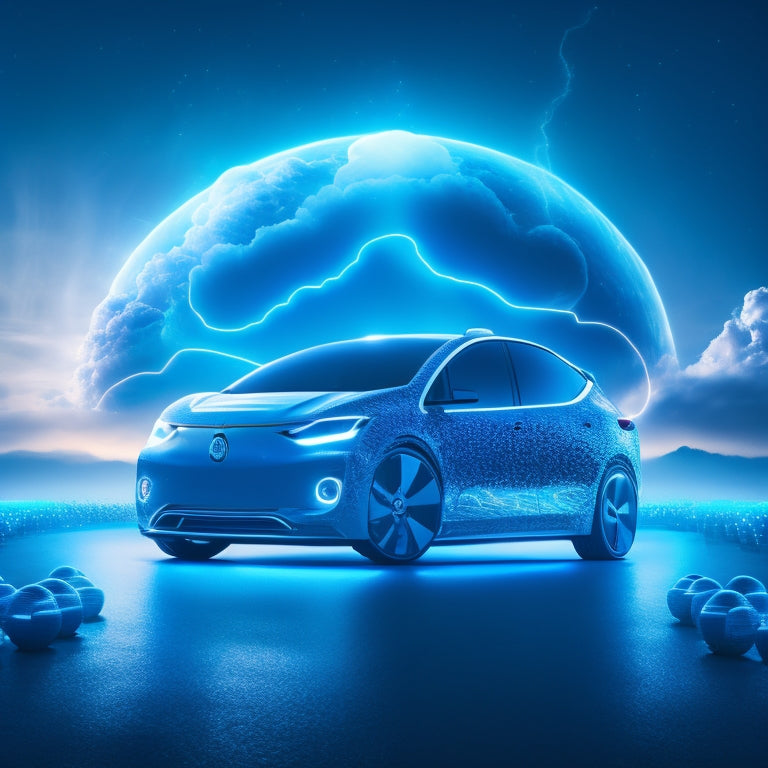 A futuristic, minimalist illustration featuring a stylized electric vehicle in the center, surrounded by swirling clouds of blue and white electrons, with glowing lightbulbs and circuit boards in the background.