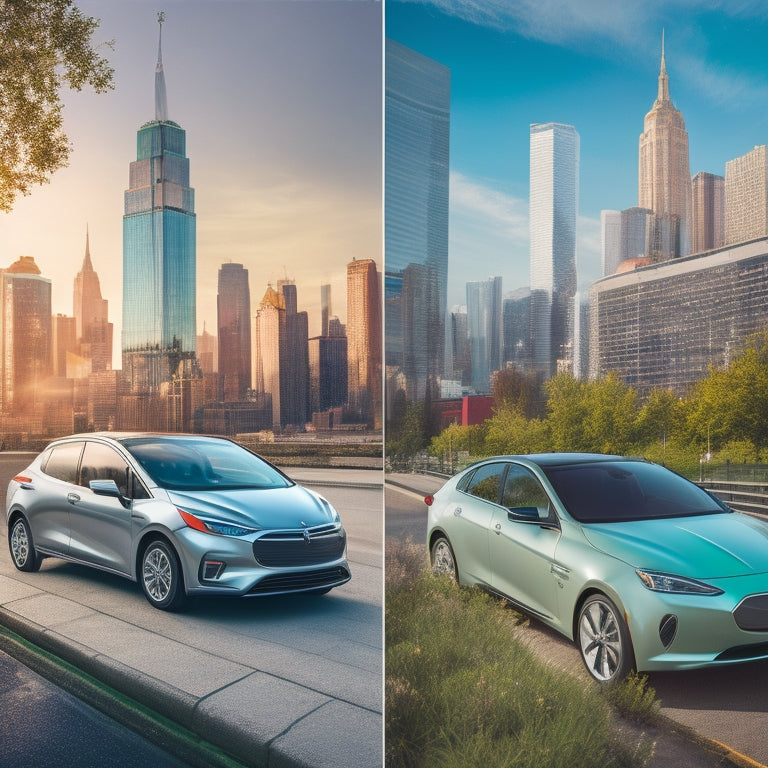 A split-screen image featuring a sleek, silver electric car on the left, with a green leaf-patterned background, and a shiny, red gas-powered car on the right, with a cityscape background.