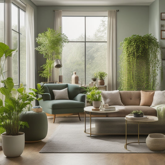A serene living room with a lush green wall, natural light pouring in, and a modern air purification system discreetly integrated into the design, surrounded by potted plants and a few comfortable furniture pieces.