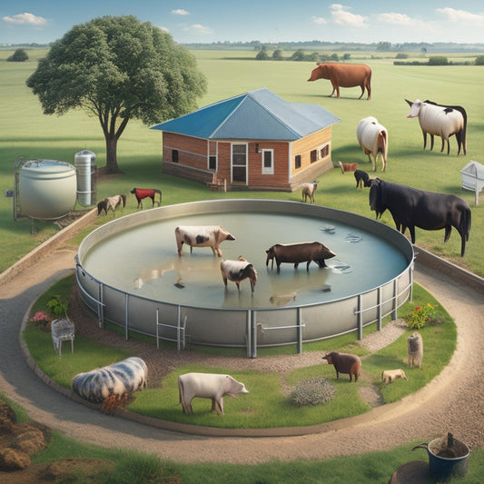 An illustration of a thriving farm with various animals (cows, pigs, chickens, horses) gathered around a central rainwater harvesting system, featuring a large tank, pipes, and rooftop collection points.