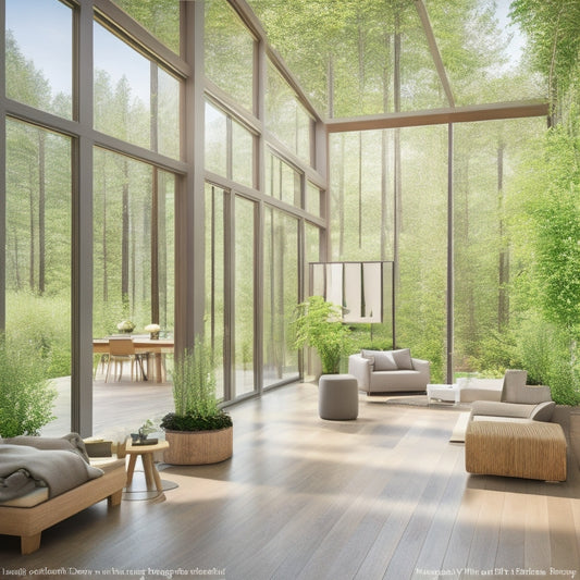 An illustration of a modern, sustainable home with a large window, surrounded by lush greenery, showcasing a sleek, wall-mounted heat pump, and a radiant floor heating system beneath polished wooden floors.