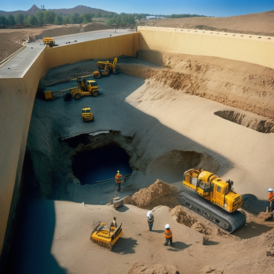 An excavation site with a large, open hole revealing a complex network of pipes, concrete walls, and steel reinforcements, surrounded by excavators, construction workers, and heavy machinery.