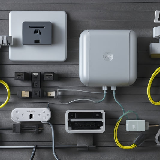 An illustration of a cluttered wall outlet with multiple devices plugged in, surrounded by unnecessary cords and adapters, contrasted with a sleek, minimalist outlet with automated switches and a single, tidy cord.