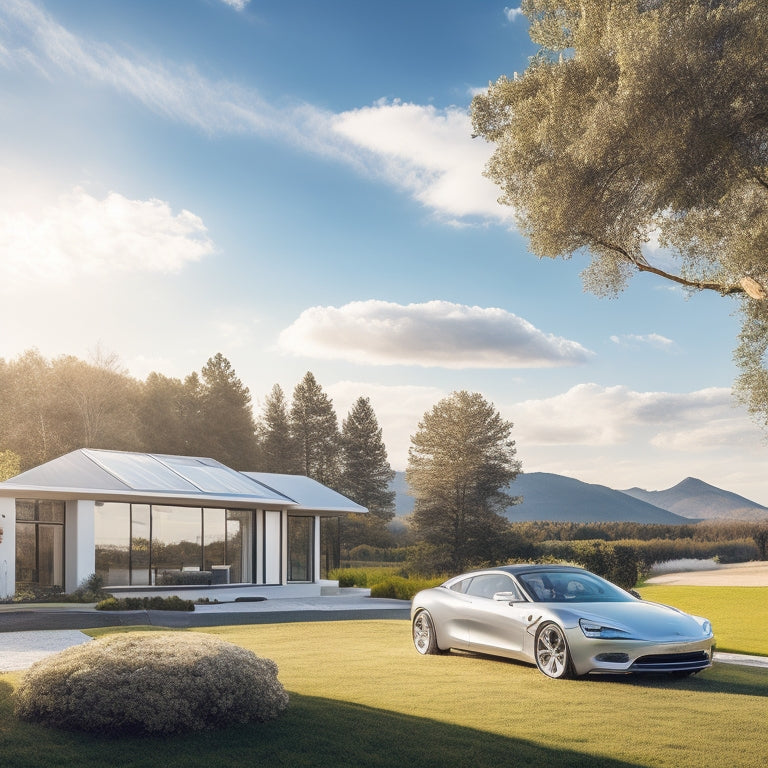 A serene landscape with a sleek, silver EV parked in front of a modern, solar-paneled home, surrounded by lush greenery and a bright blue sky with a few puffy white clouds.