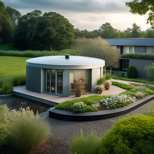 A serene, modern, eco-friendly home with a lush green roof, surrounded by a thriving garden, featuring a sleek, silver rainwater harvesting tank and a network of pipes and gutters.