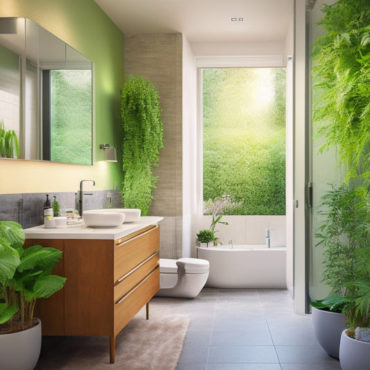 A modern, sleek bathroom with a low-flow showerhead, a dual-flush toilet, and a faucet with a built-in aerator, surrounded by lush greenery and a subtle water droplet pattern on the walls.