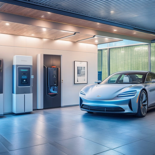 A futuristic home garage interior with a sleek, silver electric vehicle parked beside a wall-mounted, compact home battery system and a sleek, modern EV charger station.