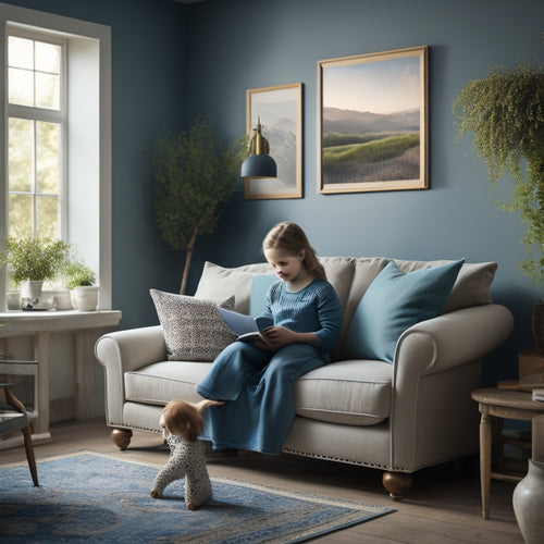 A serene living room with a mother reading to a child on a couch, surrounded by walls painted with gentle, natural hues, and a subtle, eco-friendly certification logo on the wall.