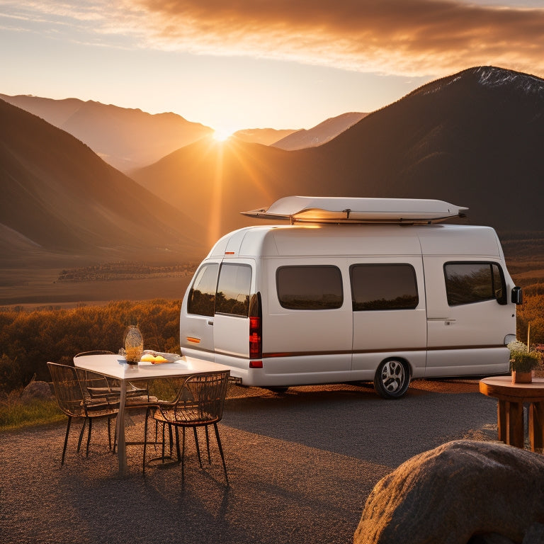 A modern, sleek white van with opened side doors, revealing a cozy interior with wooden floors, plush couch, and a compact kitchenette, set against a scenic mountainous background at sunset.