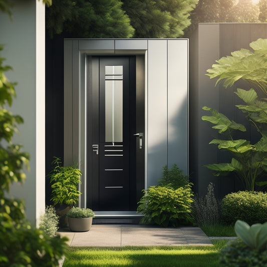 A modern, sleek, silver smart door with integrated solar panels on its top and sides, surrounded by lush greenery, with a subtle glow emanating from the door's frame and handle.