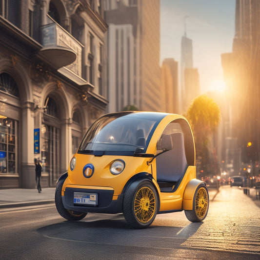 An illustration of a cargo electric three-wheeler in a cityscape, with a city map in the background, and icons of a battery, a clock, and a dollar sign surrounding it.