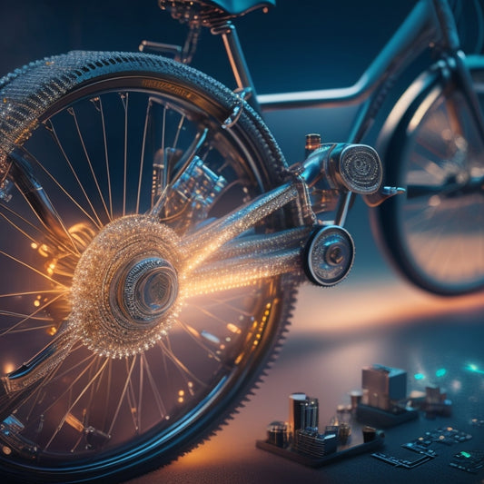 A futuristic, high-tech background with sleek, silver electric bicycles and intricate, glowing circuit boards in the foreground, surrounded by tiny, shining electronic components.