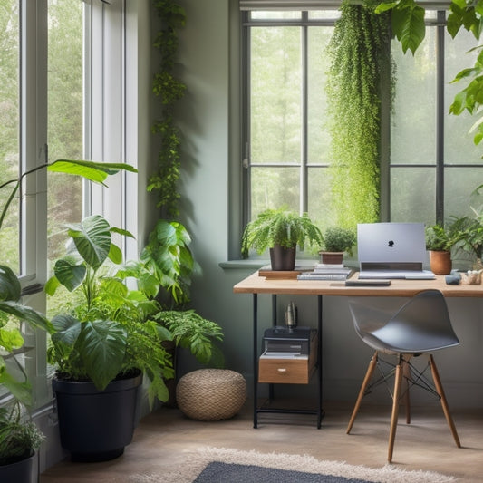 A serene green home office with a sleek, modern water filter system installed under a wooden desk, surrounded by lush plants and natural light pouring in through a large window.