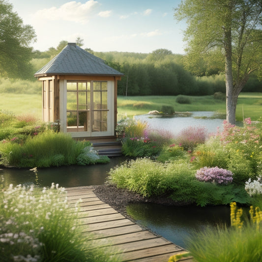 A serene, eco-friendly garden room with a lush green roof, surrounded by vibrant flowers and a tranquil pond, featuring reclaimed wood accents and large windows overlooking a sunny meadow.