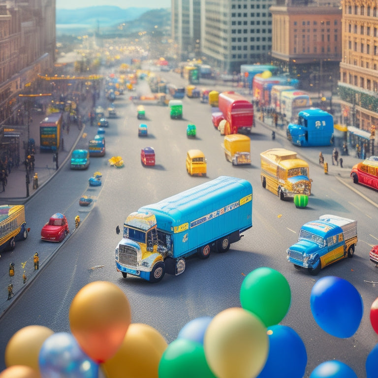 A colorful illustration of a cityscape with various commercial vehicles, such as trucks, vans, and buses, parked in a row, with shiny keys and coins scattered around them, surrounded by confetti and balloons.