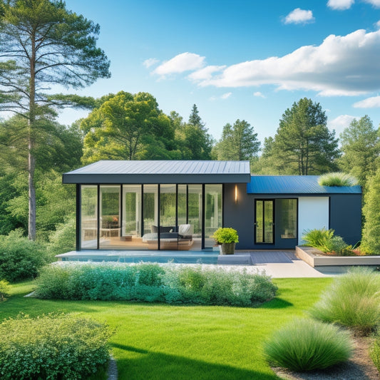 A serene, modern home with a lush green roof, surrounded by mature trees, featuring large windows, and a patio with potted plants, set against a soft, blue-sky backdrop with few, puffy clouds.