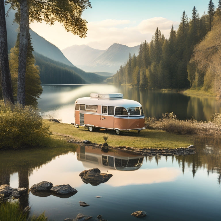 A serene landscape with a camper van parked near a lake, surrounded by lush greenery, with a few solar panels installed on the van's roof, reflecting the serene atmosphere.