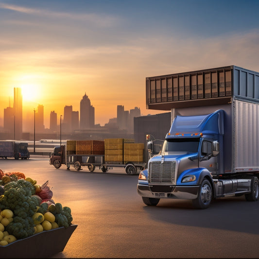 "A refrigerated truck with a partially open door, revealing stacked crates of fresh produce, parked in front of a cityscape at sunset, with a subtle focus on the truck's rooftop refrigeration units."
