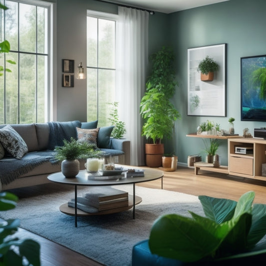 A modern, eco-friendly living room with various smart devices, including a thermostat, smart plugs, LED bulbs, and a tablet displaying energy usage data, amidst lush greenery and natural light.