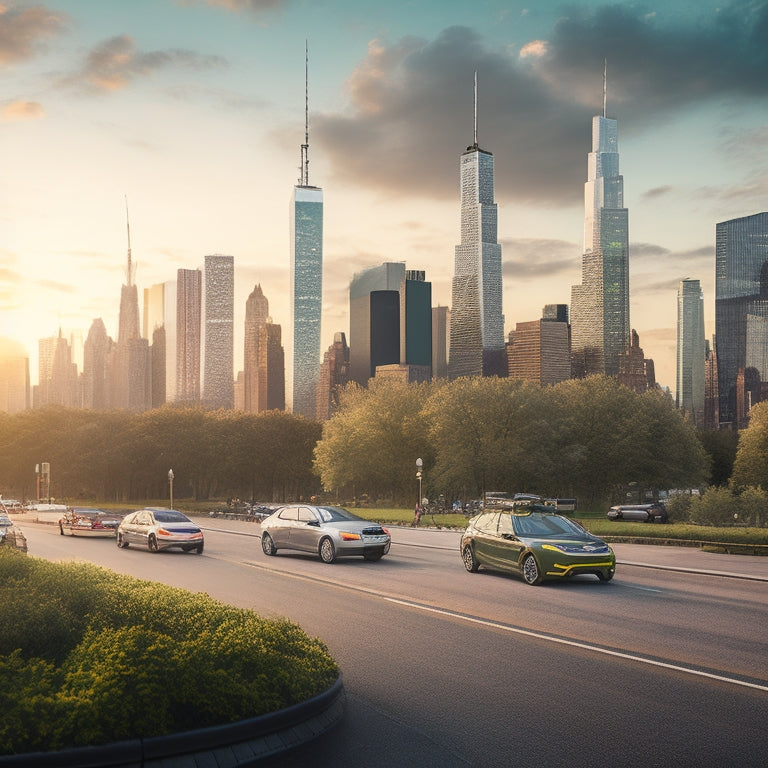 An illustration of the New York City skyline with electric vehicles zooming by, charging stations scattered throughout, and a subtle green glow surrounding the city, symbolizing a sustainable future.